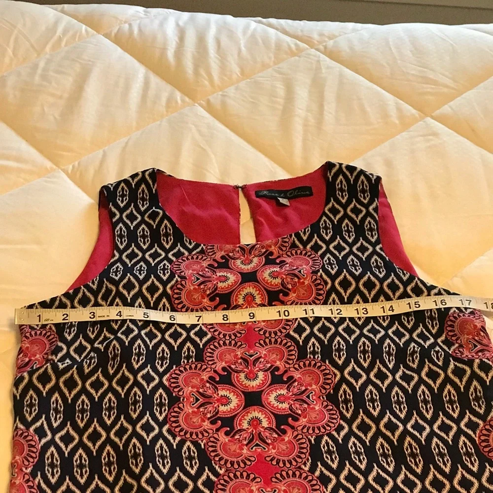 Rose + Olive Pink and Blue Ikat Print Summer Dress. - Picture 3 of 8